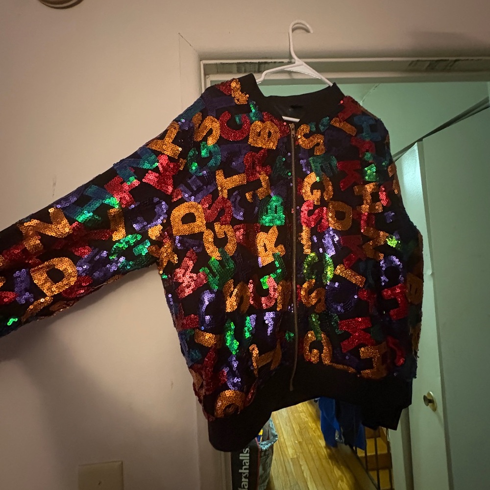 Multicolor Sequin Letter Bomber Jacket - image 3